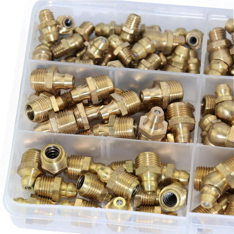 Overhead view of brass 1/4 and 1/8 hydraulic grease Zerk fittings in a clear plastic organizer, SAE assorted angles.