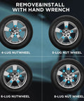 Two Piece 6 And 7 Spline Lug Nut Socket Set With Wheel Lock Key For No Fuss Quick Installation And Removal Of Aftermarket Spline Drive Lug Nuts Includes 41/64 Inch For M12 Series And 3/4 Inch For M14 Series shown with four wheel types