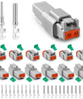 Two Pin Deutsch DT Connector Kit For Car Truck Boat All Weather IP68 Waterproof Automotive DT Connectors With Twelve Pairs Of 16 To 18 AWG Crimp Contacts And Wedge Lock Assembly Set Of Six, showing full set with connectors, contacts, and wedge locks