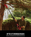 Man using Cordless Pole Saw With 14 Foot Reach, 8 Inch Bar, 4.0Ah Battery And Charger Included, Angled Head For Precise Cuts