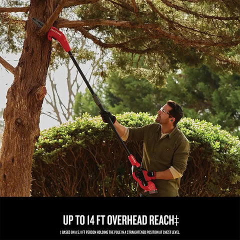 Man using Cordless Pole Saw With 14 Foot Reach, 8 Inch Bar, 4.0Ah Battery And Charger Included, Angled Head For Precise Cuts
