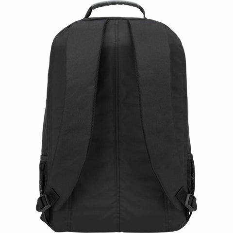 Back view of Hustle Hard Laptop Backpack For Up To 17 Inch Machines, Water Repellent Travel Daypack, slick black color.