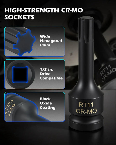 RT11 CR-MO socket with hexagonal design, 1/2 in drive, for Ford EcoBoost 3.5L and 3.7L 4V Timing Tool Kit Camshaft Locking Set