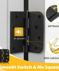 Close-up of Built Tough Heavy Duty 4 Inch Black Exterior Door Hinge showing 305° rotation feature and lubricant oil for no squeaks.