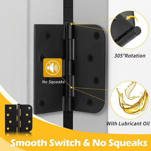Close-up of Built Tough Heavy Duty 4 Inch Black Exterior Door Hinge showing 305° rotation feature and lubricant oil for no squeaks.