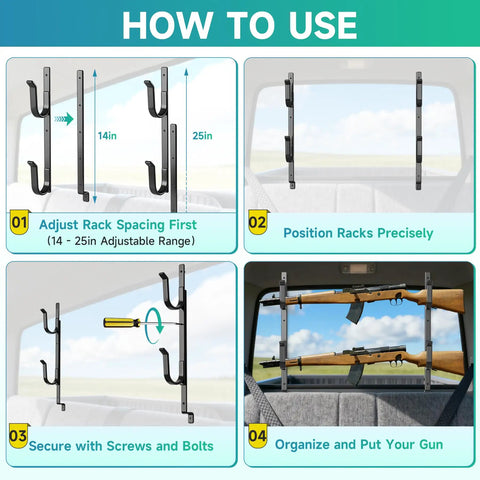 Rear Window Gun Rack For Pickup Trucks Heavy Duty Steel 14-25 Inch Adjustable Rifle Mount instruction steps illustration