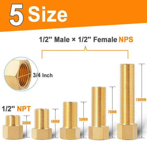 Five Pack Brass Extension Adapter Set With One Half Inch Male To One Half Inch Female Pipe Fittings in 5 sizes from 30mm to 100mm