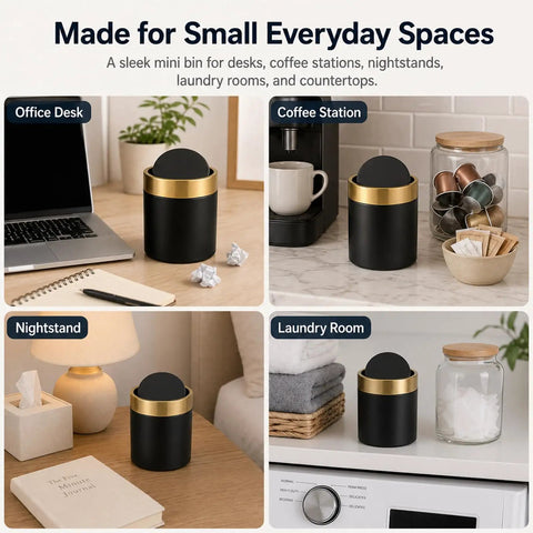 Mini Desktop Trash Can With Swing Lid Sleek Black And Brushed Gold Rim 1.5 Liter Capacity in various household settings