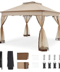 11x11 Pop Up Gazebo With Mosquito Netting One Person Setup Water Resistant Backyard Canopy For Family Patio And Garden Use Khaki
