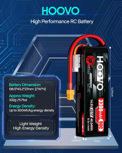 4S 14.8V 3300mAh 80C RC Lipo Battery Pack Soft Case XT60 Connector Two Pack For RC Boats Cars Trucks Drones