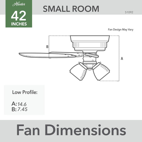 Diagram showing dimensions of 42 Inch Indoor Ceiling Fan With LED Lights, Low Profile Flush Mount, Pull Chain Control, Brushed Nickel Finish