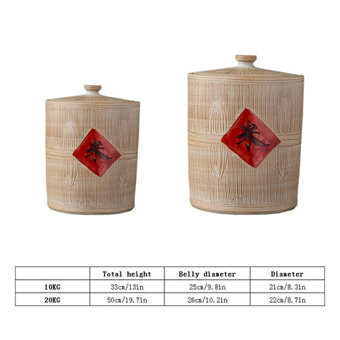Spacious Ceramic Rice Jar With Gasket Seal Lid For No Hassle Pantry Setup That Keeps Dry Goods Crisp Daily Kitchen Game Changer For Bulk Grains Coffee And Nuts, showing two sizes, beige color with decorative red labels.
