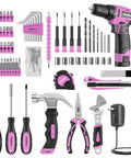 149 Piece Home Tool Set with 12V Pink Cordless Drill LED Light and Tool Box featuring various hand tools and accessories