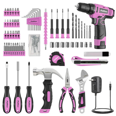 149 Piece Home Tool Set with 12V Pink Cordless Drill LED Light and Tool Box featuring various hand tools and accessories