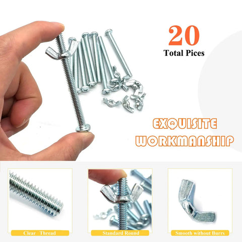 1/4-20 Wing Nuts And 1/4-20 X 3-Inch Phillips Head Machine Screws Kit Zinc Plated Carbon Steel displayed with hand for scale