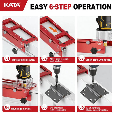Top Shelf Door Hinge Mortise Jig And Lock Installation Kit For Interior Wood Doors showing 6-step operation process with adjustable routing template.