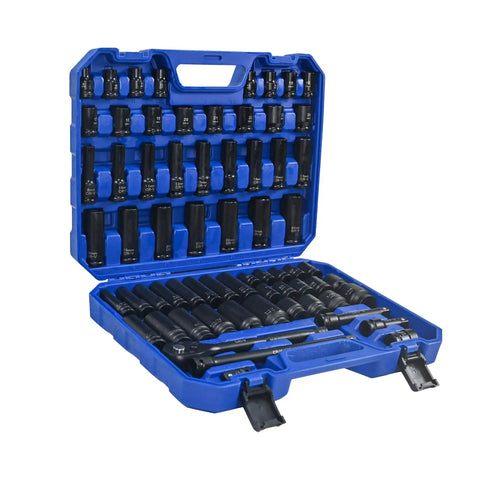 66 Piece Pneumatic Tool And Accessory Kit With Universal Long And Short Sockets Extension Rods Connectors And Ratchet Wrenches For Pro DIY And Repair Tasks Heavy Duty Black And Blue, displayed in a blue carrying case