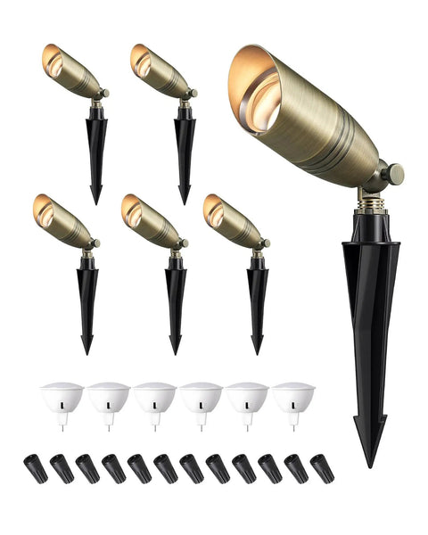 Built Tough Heavy Duty Solid Brass Landscape Spotlights 12V Outdoor Lighting With MR16 Bulb Included Bronze Finish 3CCT Low Voltage 6 Pack