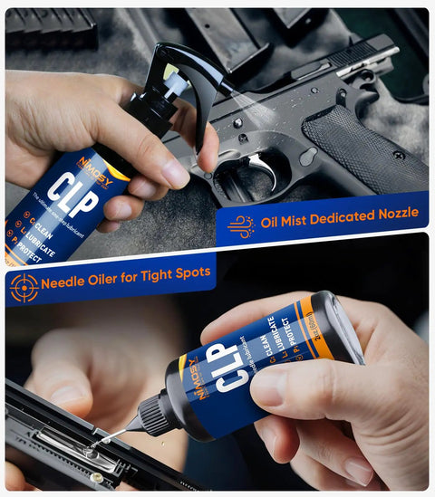 Hands applying All In One Gun Cleaning Kit With CLP Oil For Rifle And Pistol Maintenance Includes 3.4oz Gun Oil, 2oz Needle Lubricant