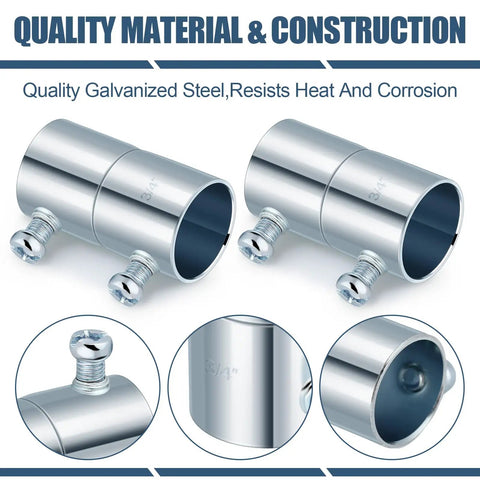 Ten Pack Three Quarter Inch EMT Conduit Screw Couplings Galvanized Steel Set Screw Connectors close-up view.