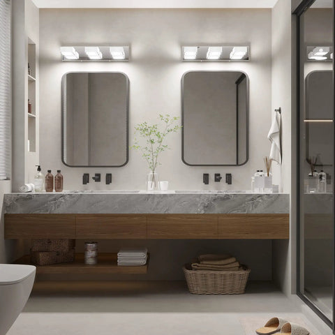 Lit Three Light Chrome Vanity Light Bar With Dimmable LED Heads, Adjustable 180 Degree Up Down And 360 Degree Swivel in bathroom