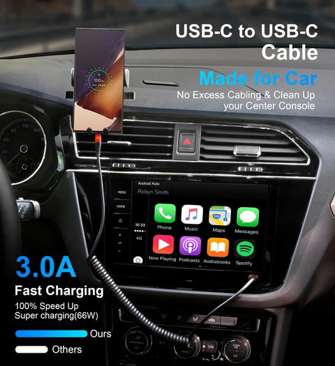 Coiled USB C To USB C Car Cable 3ft 2 Pack Fast Charge And Data Transfer Spring Loaded shown in car dashboard charging phone