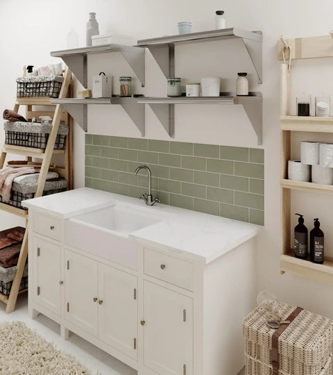 Stainless Steel Wall Shelf 24 Inch Long 12 Inch Deep With Bullnose Edge And 1 Inch Backsplash shown above a kitchen sink