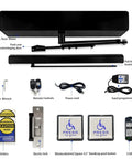 Wireless Swing Door Operator With Square Handicap Push Buttons And Built Tough Stainless Steel Electric Strike For Commercial Entrances components layout including motor, remote controls, power cord.