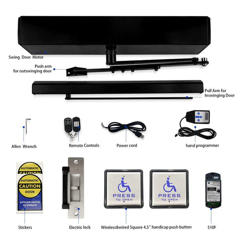 Wireless Swing Door Operator With Square Handicap Push Buttons And Built Tough Stainless Steel Electric Strike For Commercial Entrances components layout including motor, remote controls, power cord.
