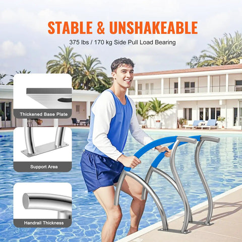Rock Solid Premium Stainless Steel Pool Handrail Pair Built Like A Truck With Straight Up Easy Base Mount and Comfortable Grip Cover For Indoor Outdoor Deck Spa Safety Railing Support by pool with user