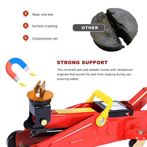 Universal Magnetic Jack Pad 0.4 Inch Slotted Built Tough Aluminum Grooved Jack Puck Adapter in use on red vehicle jack.