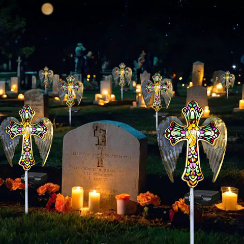 Solar Glass Cross Garden Stake Light With Angel Wings And Stained Glass Look No Fuss Dusk To Dawn Outdoor Cemetery Path Lamp illuminated at night
