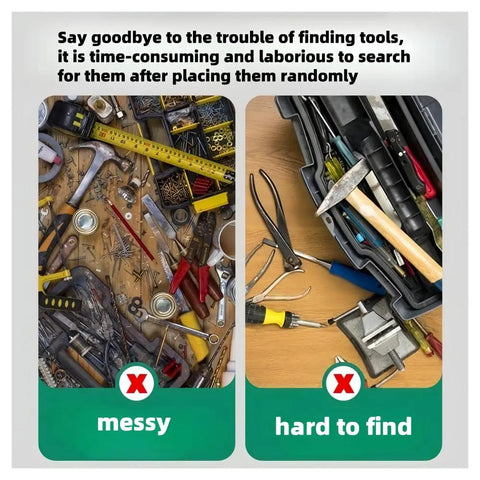 Comparison of messy and organized tools highlighting benefits of using 12 Inch Magnetic Tool Strip 4 Pack For Garage And Kitchen Organization