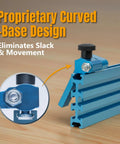 Close-up of Three Inch Fence Flip Stop for Table Saw, Miter Saw, and Drill Press, showing proprietary curved-base design in blue.