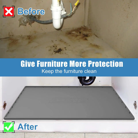 Under Sink Mat For Kitchen Waterproof 34 x 22 Inch Silicone Cabinet Liner With Lip installed under sink showing before and after