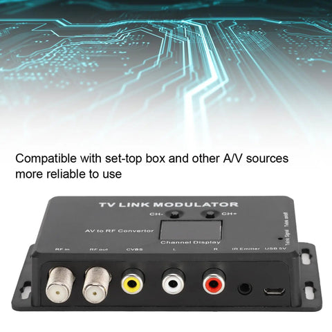 UHF TV Link Modulator with AV to RF Converter, cable inputs, channel display, USB power for CATV setup, compatible with set-top boxes