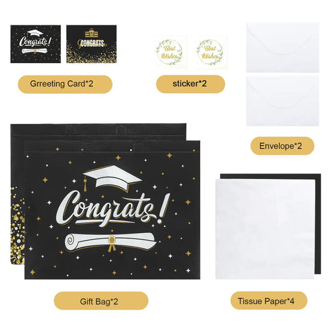 Two Pack 13 Inch Graduation Gift Bags With Tissue Paper And Cards, Reusable Nonwoven Gift Bags With Handles, Congrats Grad Gift Wrap Set For High School And College, Gift Bags For Ceremony, Gift Wrapping Supply displayed with accessories