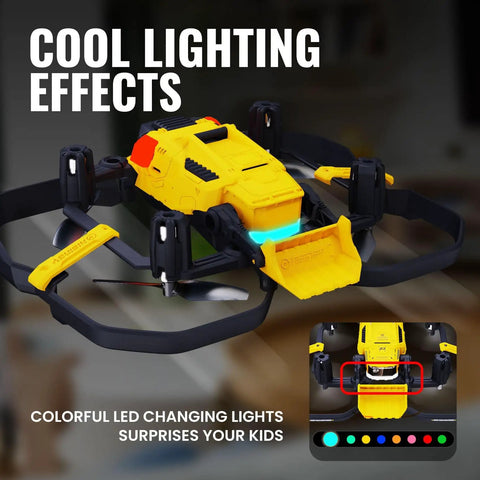 Mini Indoor Micro Drone For Kids With Cool LED Lights And 3 Speed Modes, yellow drone with LED lights on a table