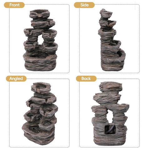 Front, side, angled, and back views of 7 Tier Cascading Rock Fountain With LED Lights For Garden And Patio Stone Look Resin Water Feature