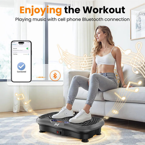 Woman using Vibration Plate Fitness Platform For Full Body Workout with Bluetooth in home setting, enhancing workout experience.