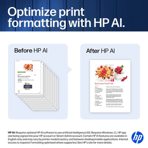 Comparison of document formatting before and after using HP AI software for print optimization, showing improved layout and clarity.