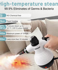 Akpiian Handheld Steam Cleaner For Home Deep Cleaning With 10 Bonus Accessories Features Chemical Free Hot Steam Up To 221 Degrees Fahrenheit in use on couch.