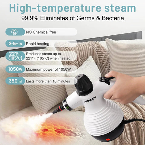 Akpiian Handheld Steam Cleaner For Home Deep Cleaning With 10 Bonus Accessories Features Chemical Free Hot Steam Up To 221 Degrees Fahrenheit in use on couch.
