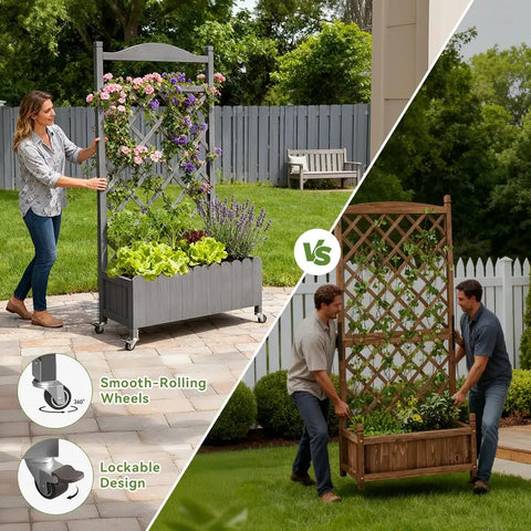 Two Pack Planter Box With Trellis And Wheels, 48 Inch Elevated Raised Garden Bed With Drainage Holes, Outdoor Lattice Gray