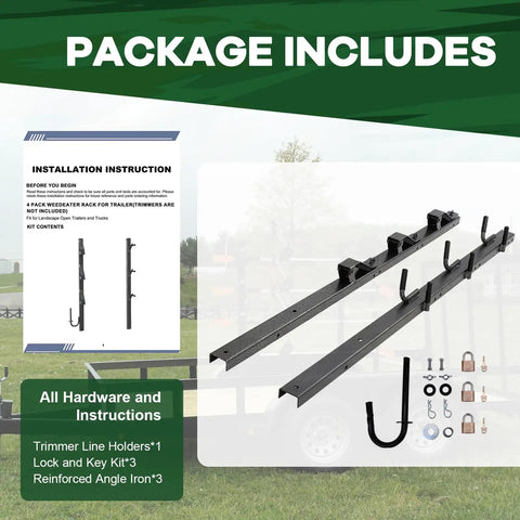 Three Place Weed Eater Rack for Trailer With Three Locks Open Trimmer Rack Holder package contents and instructions