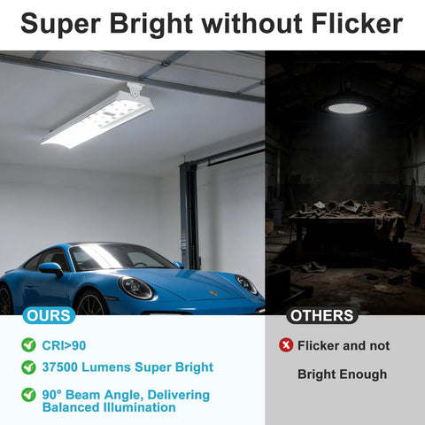 Beast Bright 250W Linear High Bay LED Shop Light Delivers 37500LM With 100 277V 5000K Daylight in a brightly lit garage with car