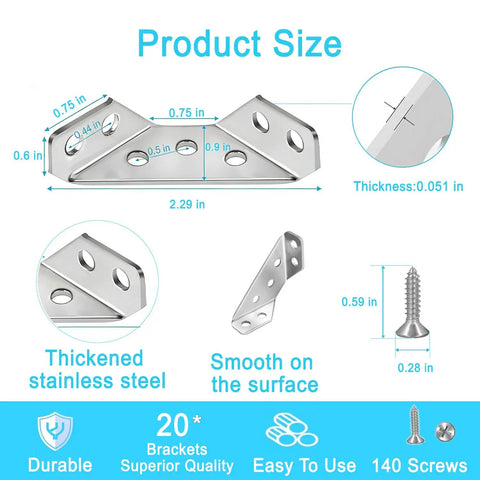 Tough As Nails Stainless Steel Corner Braces 20 Pack Triangle Furniture Brackets with size details and included screws.