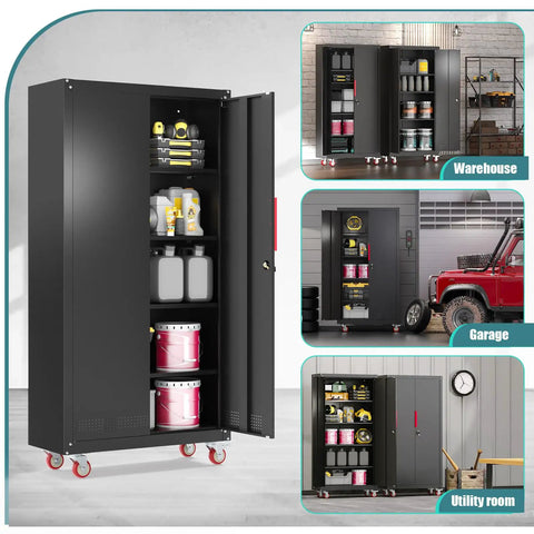 71 Inch Steel Garage Storage Cabinet On Wheels Lockable Metal Tool Cabinet With Four Adjustable Shelves Built Tough For Home Basement And Workshop Black in warehouse, garage, and utility room settings.
