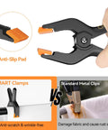 Comparison of Six Pack Heavy Duty 4.5 Inch Plastic Spring Clamps with anti-slip pads and standard metal clips on fabric.