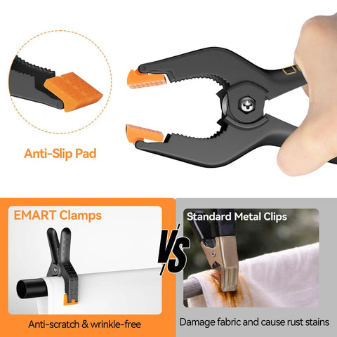 Comparison of Six Pack Heavy Duty 4.5 Inch Plastic Spring Clamps with anti-slip pads and standard metal clips on fabric.